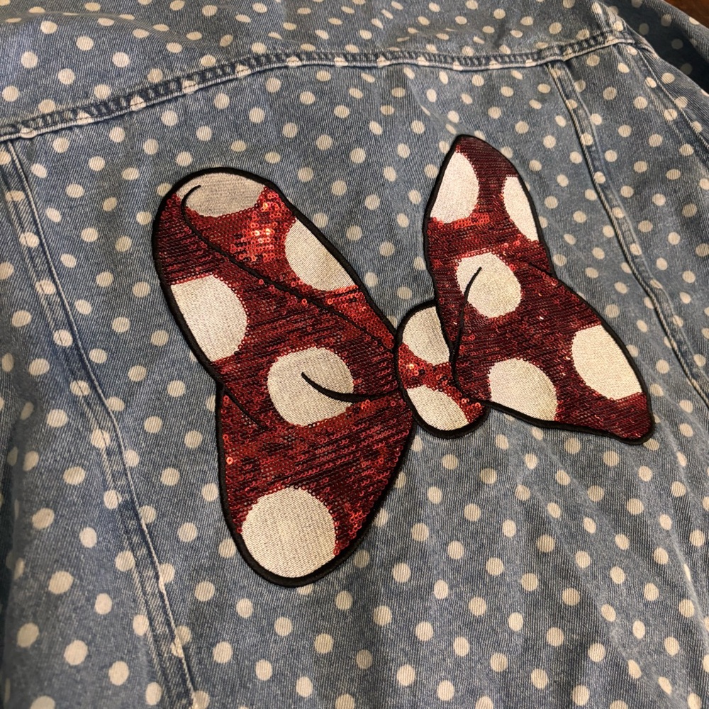 Disney Light Blue Polka Dot Denim Jacket with Minnie’s Red Bow Patch - Picture 7 of 8